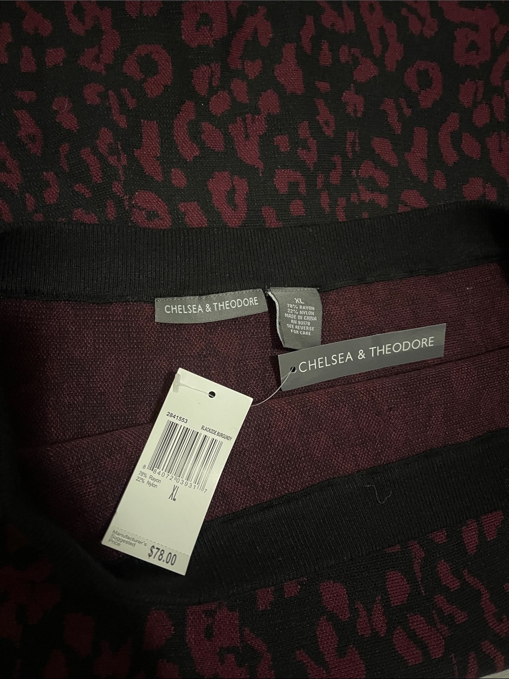 Chelsea & Theodore Black Turtleneck with Burgundy Patterned A-Line Midi Skirt - Picture 2 of 3